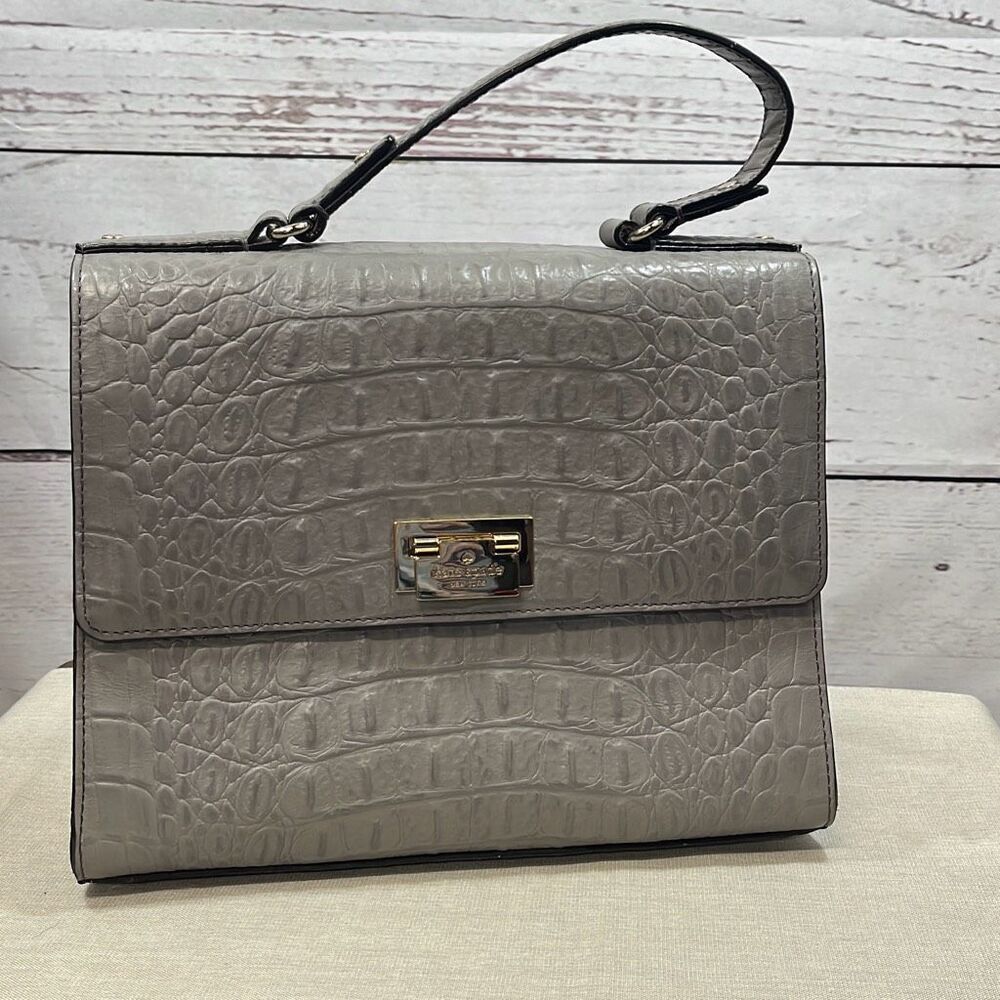 Kate Spade New York Gray Croc‎ Embossed Leather Top Handle Flap Bag